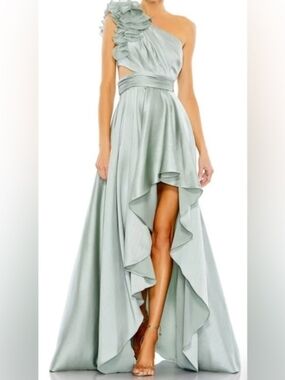Mac Duggal Sage Green One-Shoulder Ruffle High-Low Gown